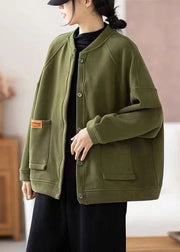 Loose Army Green Button Pockets Warm Fleece Coats Fall