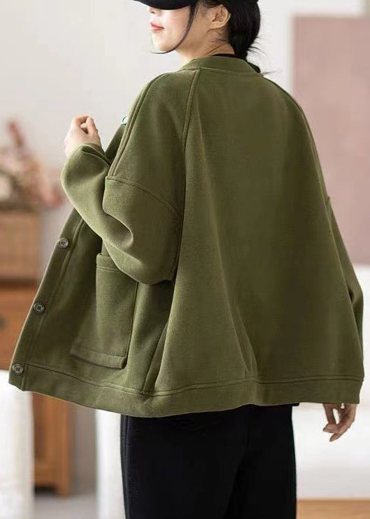 Loose Army Green Button Pockets Warm Fleece Coats Fall