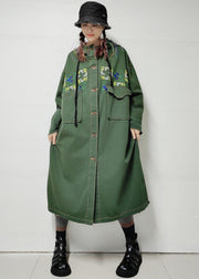 Loose Army Green Hooded Pockets Denim Long Trench Coat Fall