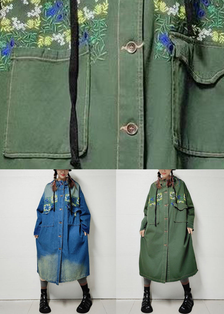 Loose Army Green Hooded Pockets Denim Long Trench Coat Fall