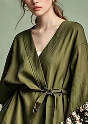 Loose Army Green V Neck Ruffled Patchwork Tie Waist Tops Fall