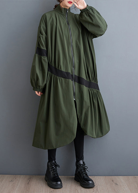 Loose Army Green Zip Up Wrinkled Pockets Patchwork Trench Fall