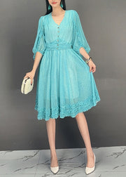 Loose Baby Blue V Neck Ruffled Print Chiffon Dress Fall