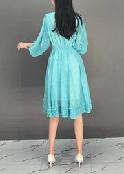 Loose Baby Blue V Neck Ruffled Print Chiffon Dress Fall