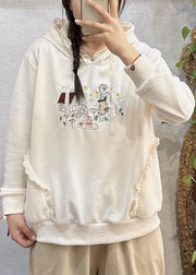 Loose Beige Hooded Embroidered Cotton Sweatshirts Spring