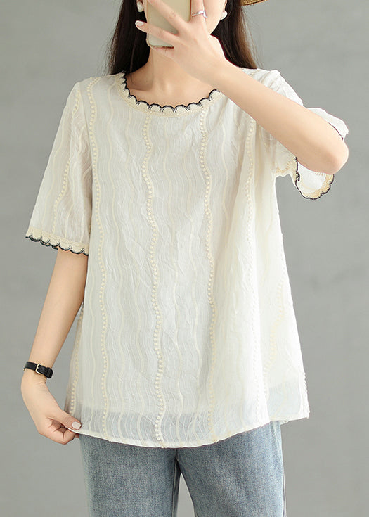 Loose Beige O Neck Embroidered Cotton T Shirt Summer