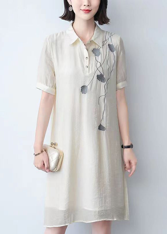 Loose Beige Peter Pan Collar Print Cotton Mid Dress Summer