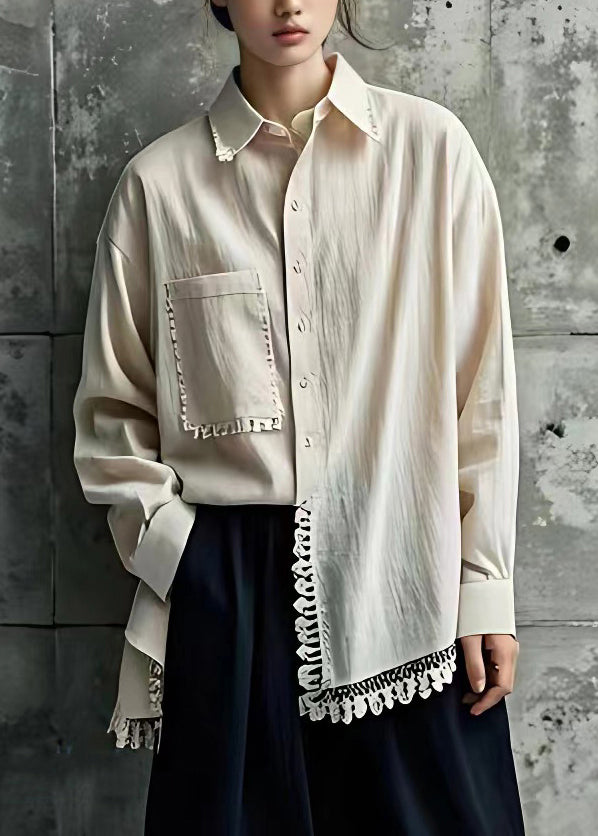 Loose Beige Pockets Button Tassel Shirt Fall