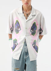 Loose Beige Print Button Cotton Men's Shirts Summer