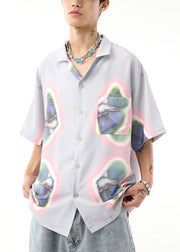 Loose Beige Print Button Cotton Men's Shirts Summer