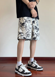 Loose Beige Print Elastic Waist Ice Silk Mens Shorts Summer