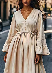 Loose Beige V Neck Wrinkled Patchwork Linen Dresses Long Sleeve