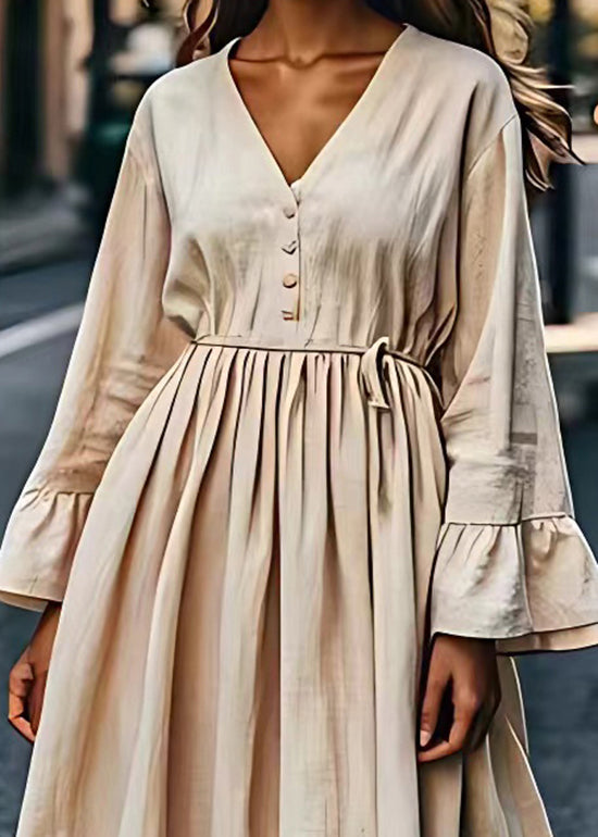 Loose Beige V Neck Wrinkled Patchwork Linen Dresses Long Sleeve