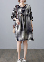 Loose Big Plaid O Neck Wrinkled Patchwork Linen Mid Dress Summer