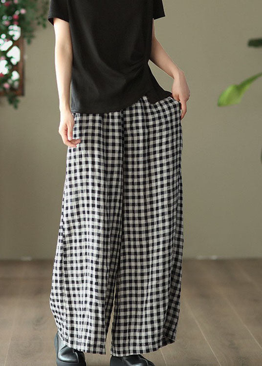 Loose Big Plaid Pockets Elastic Waist Patchwork Linen Pants Summer