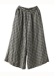 Loose Big Plaid Pockets Elastic Waist Patchwork Linen Pants Summer