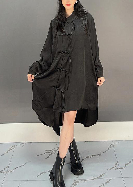 Loose Black Asymmetrical Chinese Button Cotton Shirts Dresses Fall