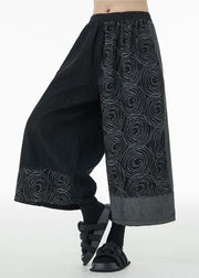 Loose Black Asymmetrical Print Cotton Wide Leg Pants Summer