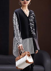 Loose Black Asymmetrical Print Knit Patchwork Cotton Tops Spring