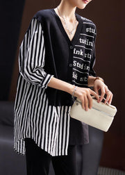 Loose Black Asymmetrical Print Knit Patchwork Cotton Tops Spring