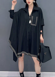 Loose Black Asymmetrical Rivet Patchwork Cotton Shirts Batwing Sleeve