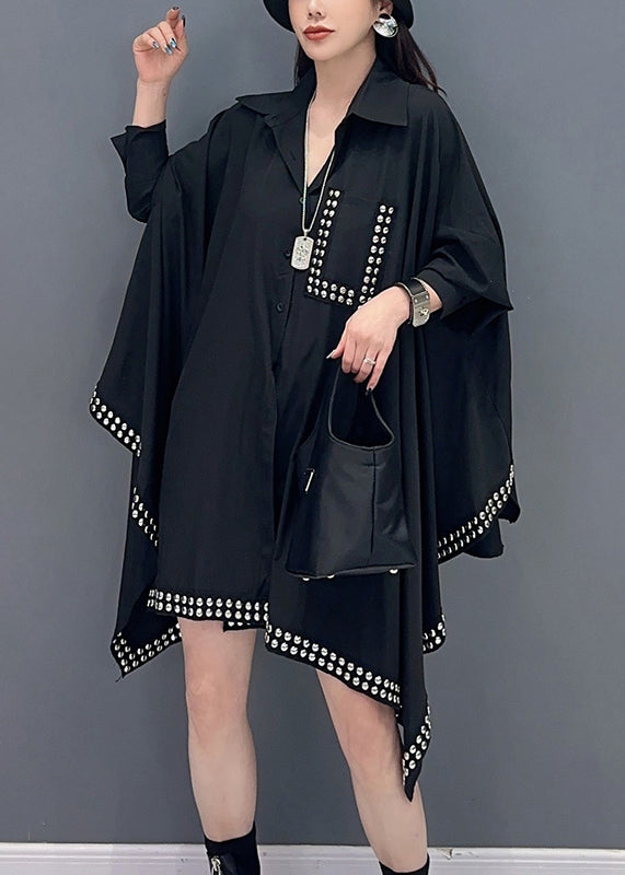 Loose Black Asymmetrical Rivet Patchwork Cotton Shirts Batwing Sleeve