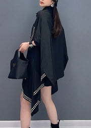 Loose Black Asymmetrical Rivet Patchwork Cotton Shirts Batwing Sleeve