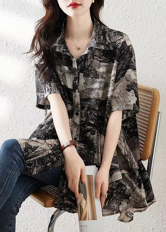 Loose Black Button Print Low High Design Cotton Shirt Summer