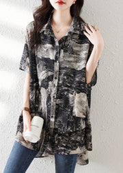 Loose Black Button Print Low High Design Cotton Shirt Summer