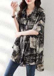 Loose Black Button Print Low High Design Cotton Shirt Summer