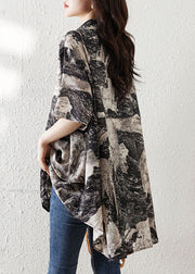 Loose Black Button Print Low High Design Cotton Shirt Summer