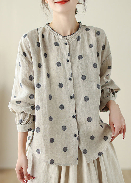 Loose Black Dot Ruffled Button Cotton Shirt Long Sleeve