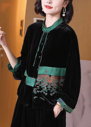 Loose Black Embroidered Button Silk Velour Top Long Sleeve