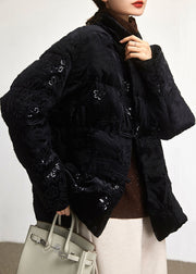 Loose Black Embroidered Sequins Duck Down Coat Long Sleeve