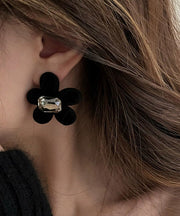 Loose Black Flocking Floral Zircon Stud Earrings