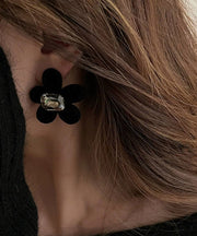 Loose Black Flocking Floral Zircon Stud Earrings