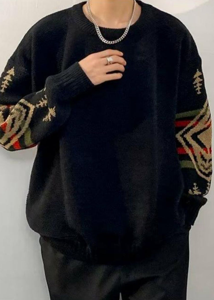 Loose Black Geometric Thick Knit Mens Sweaters Winter