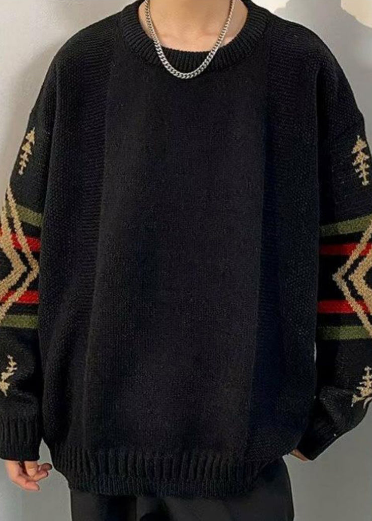 Loose Black Geometric Thick Knit Mens Sweaters Winter