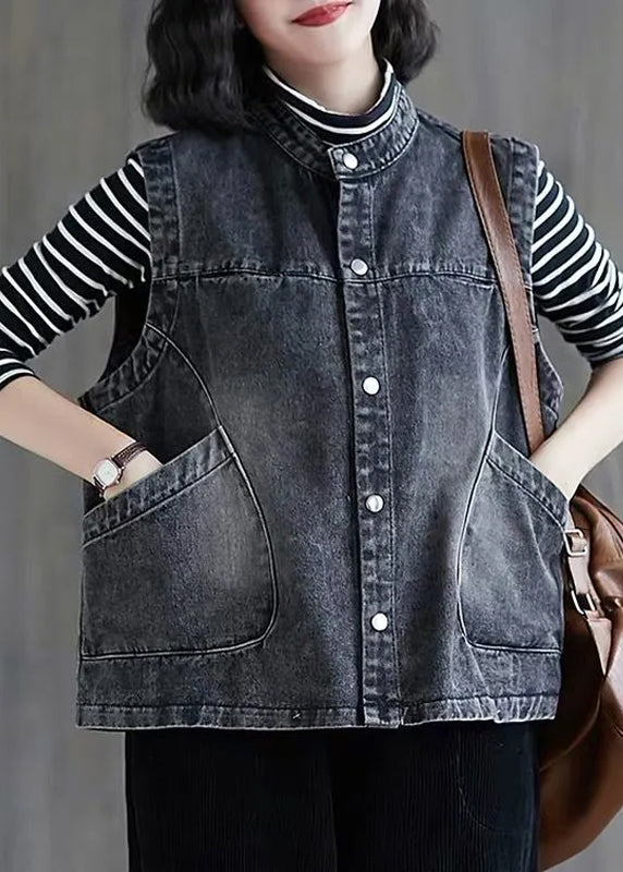 Loose Black Grey Colour O-Neck Patchwork Button Pockets Denim Waistcoat Sleeveless