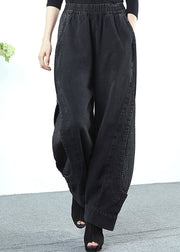 Loose Black Grey Patchwork Elastic Waist Denim Crop Pants Fall