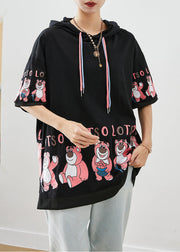 Loose Black Hooded Bears Print Cotton Sweatshirts Tops Fall