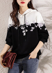 Loose Black Hooded Embroideried Patchwork Cotton Top Long Sleeve