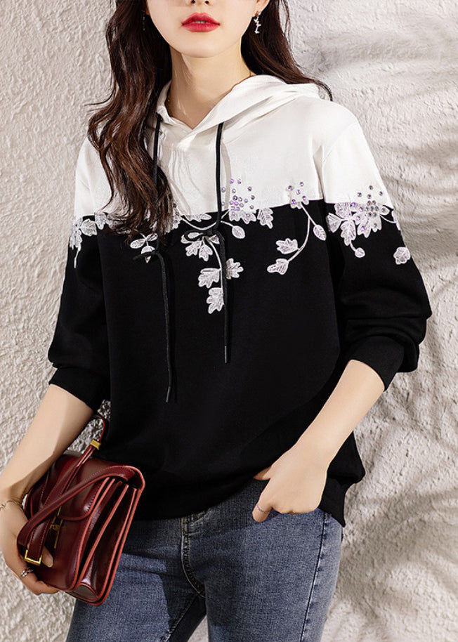 Loose Black Hooded Embroideried Patchwork Cotton Top Long Sleeve