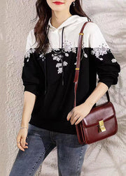 Loose Black Hooded Embroideried Patchwork Cotton Top Long Sleeve