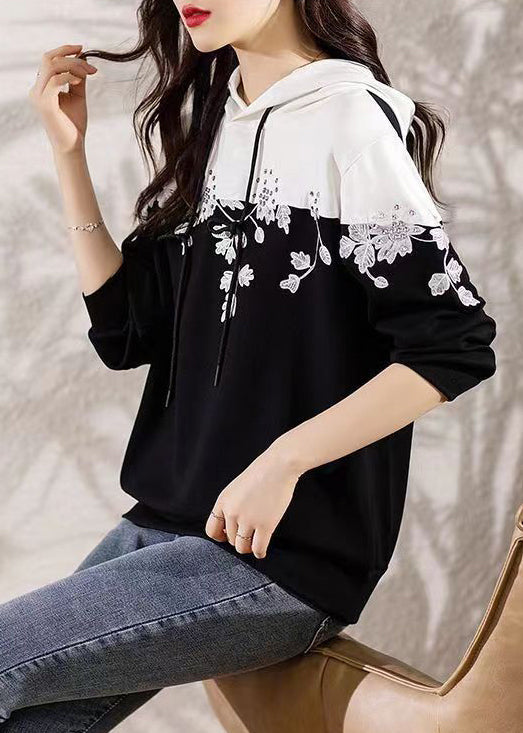 Loose Black Hooded Embroideried Patchwork Cotton Top Long Sleeve