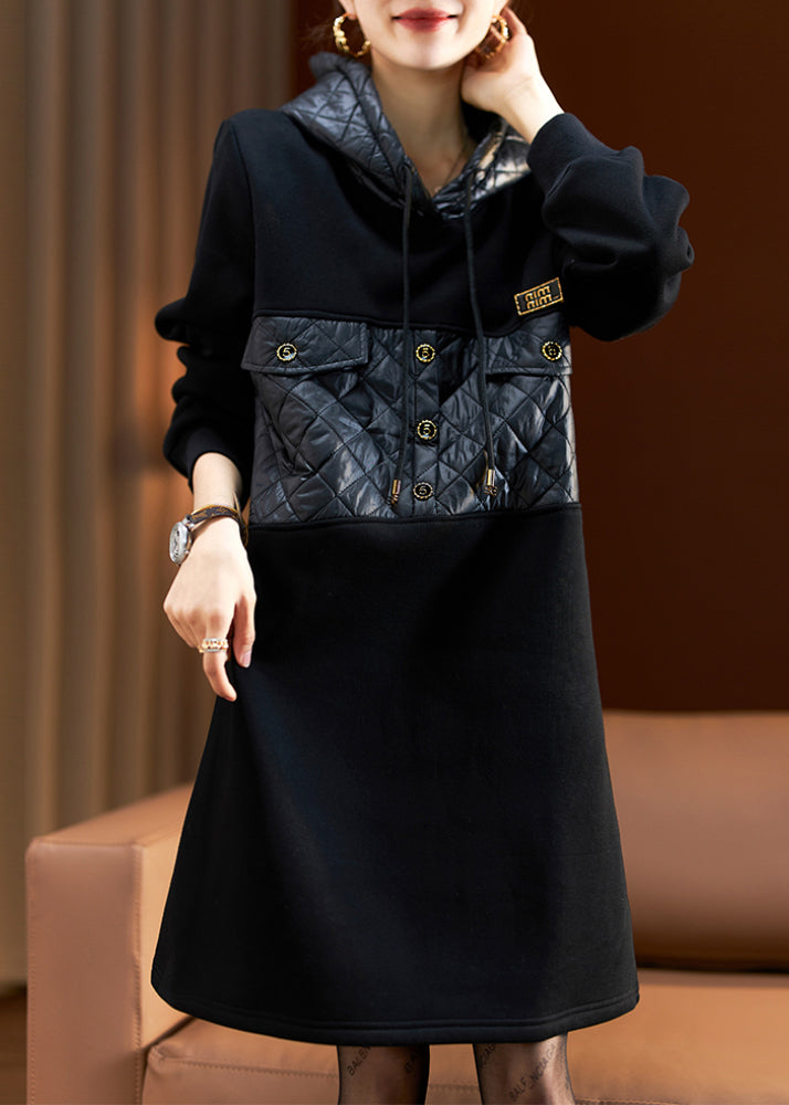 Loose Black Hooded Patchwork Cotton Filled Sweatshirt Mid Dresses Spring