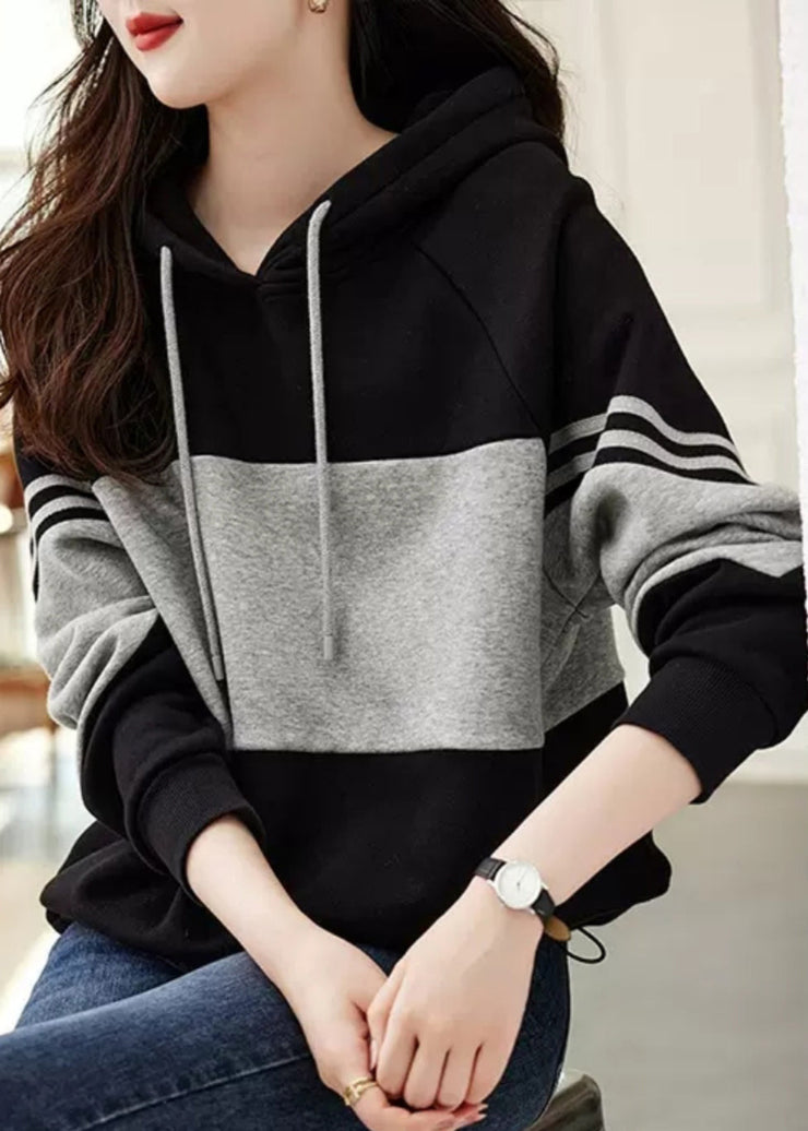 Loose Black Hooded Patchwork Cotton Sweatshirt Tops Fall