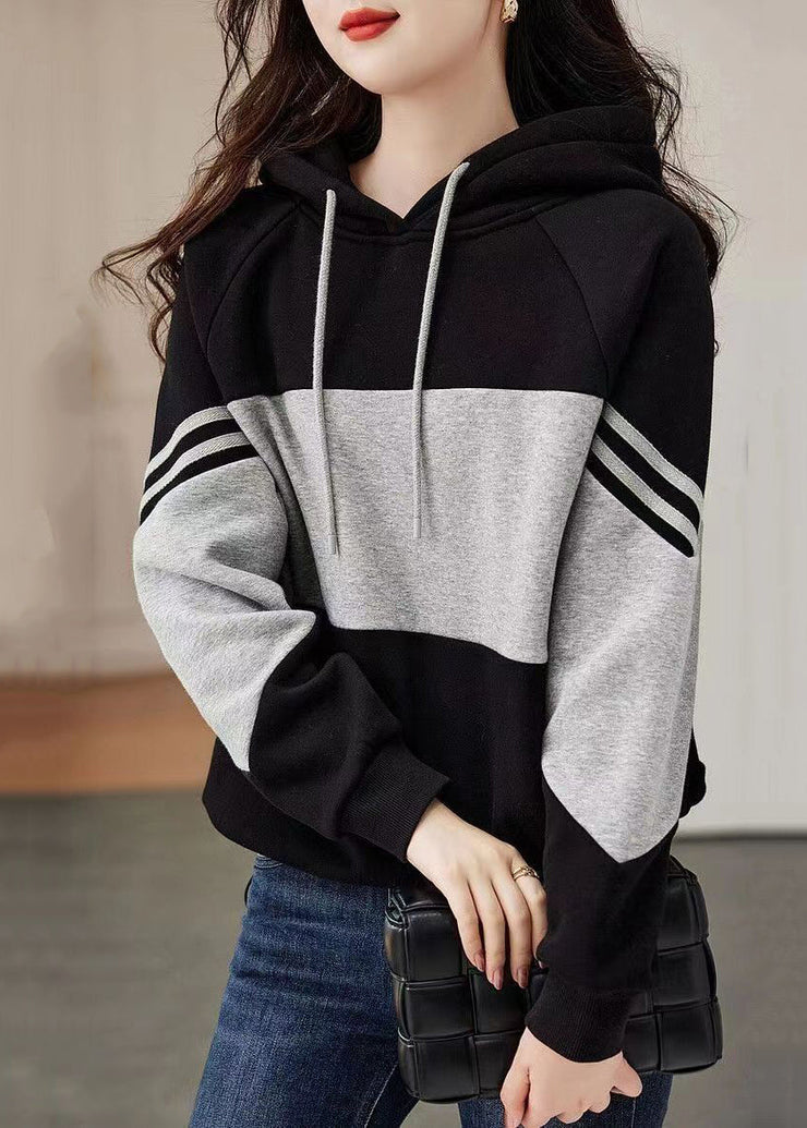 Loose Black Hooded Patchwork Cotton Sweatshirt Tops Fall