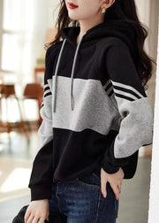 Loose Black Hooded Patchwork Cotton Sweatshirt Tops Fall