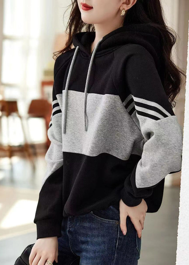 Loose Black Hooded Patchwork Cotton Sweatshirt Tops Fall